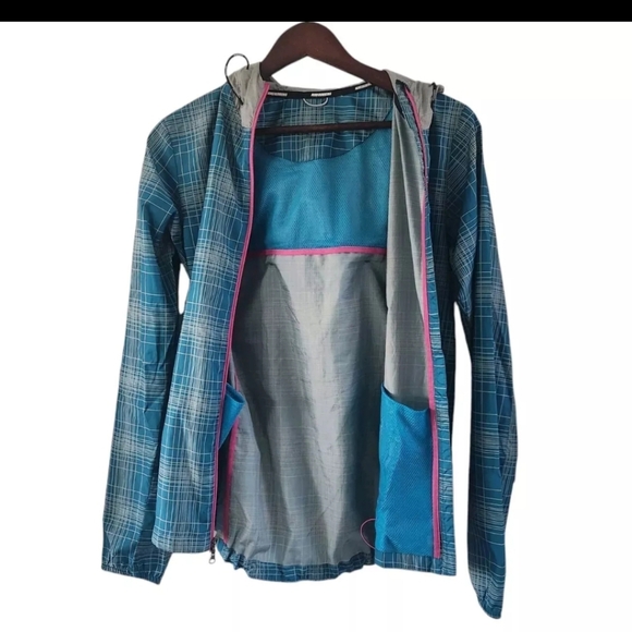 NIKE Plaid Phenom Vapor Hooded Windbreaker Running Jacket Blue Women Sz Small - Picture 6 of 7